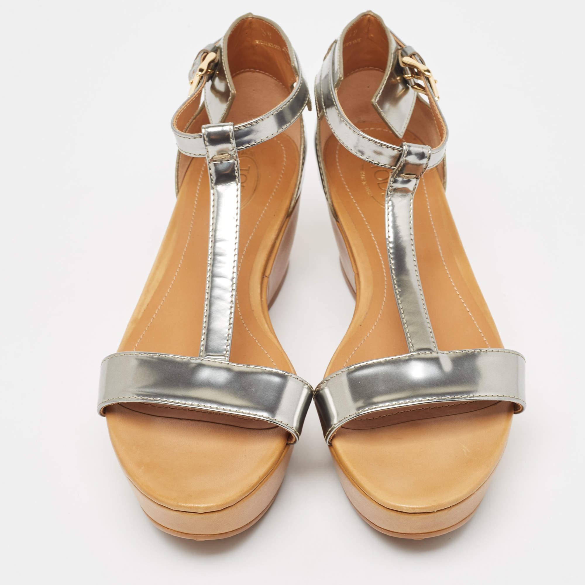 Brown Tod's Sliver Leather Wedge Ankle Strap Sandals Size 39 For Sale