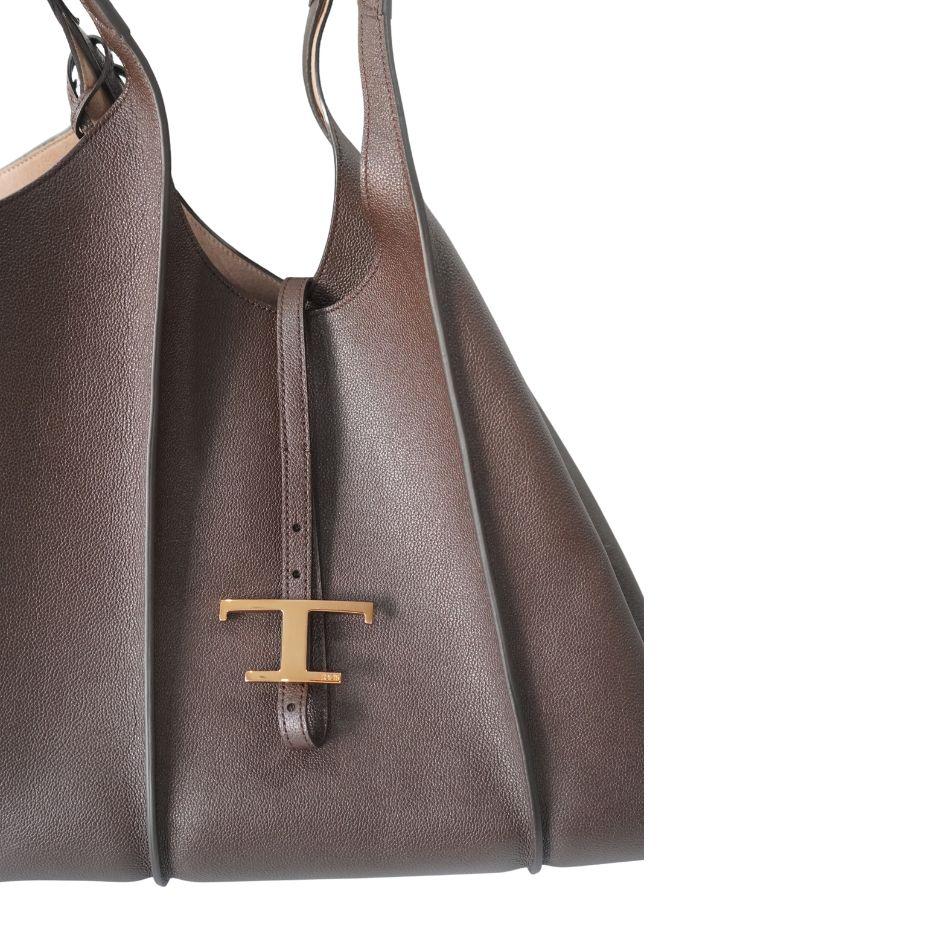Black Tod's 'T' Timeless Brown Leather Tote Shopping Bag For Sale