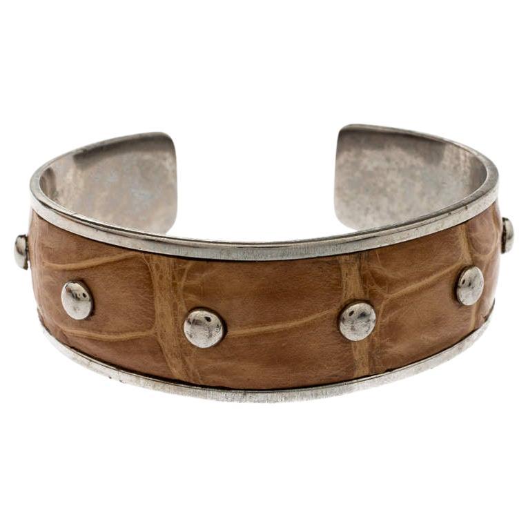 Tod's Tan Embossed Leather Studded Silver Tone Narrow Cuff Bracelet For Sale