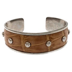 Tod's Tan Embossed Leather Studded Silver Tone Narrow Cuff Bracelet