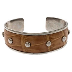 Tod's Tan Embossed Leather Studded Silver Tone Narrow Cuff Bracelet
