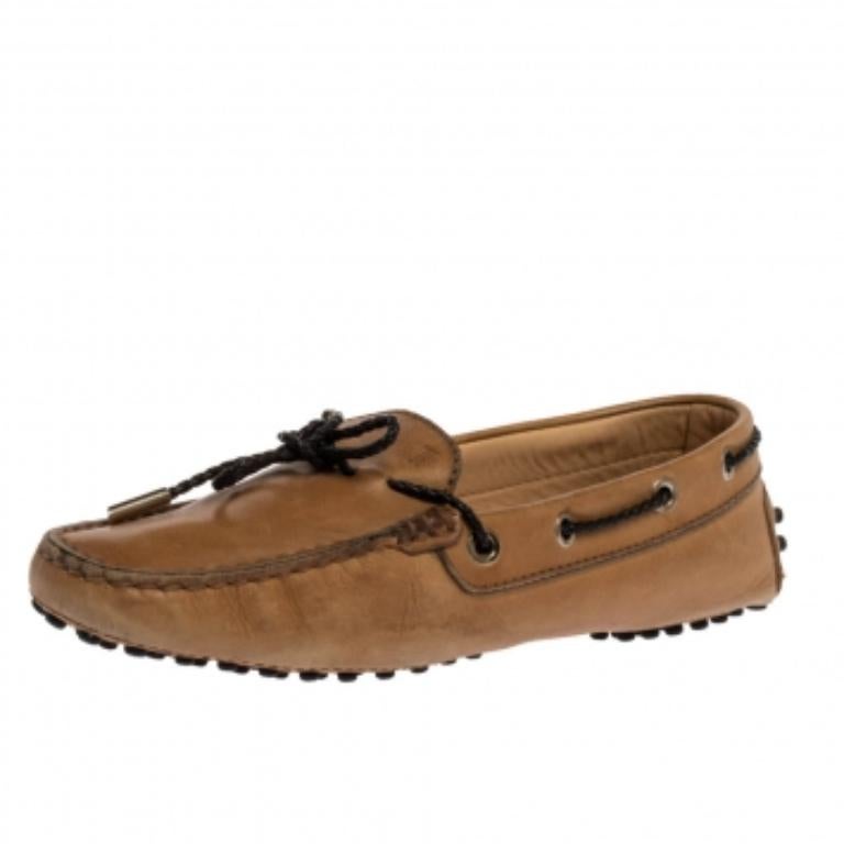 Brown Tod's Tan Leather Braided Cord Bow Loafers Size 36.5 For Sale