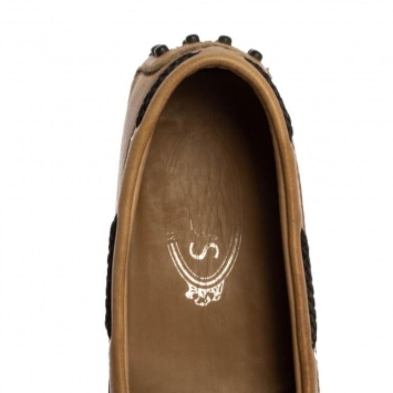 Tod's Tan Leather Braided Cord Bow Loafers Size 36.5 In Fair Condition For Sale In Dubai, Al Qouz 2