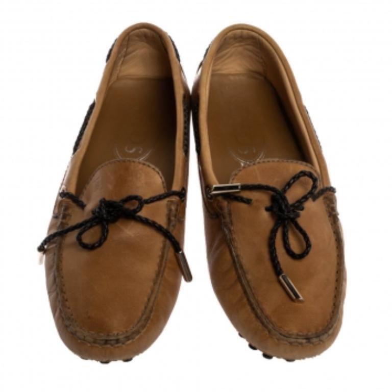 Tod's Tan Leather Braided Cord Bow Loafers Size 36.5 For Sale 2