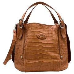 Tod's Tan Leather Croc Embossed Shoulder Bag