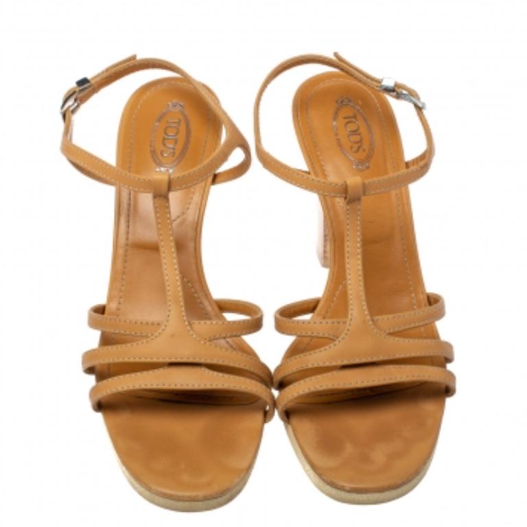 Tod's Tan Leather Strappy Platform Sandals Size 40 In Fair Condition For Sale In Dubai, Al Qouz 2