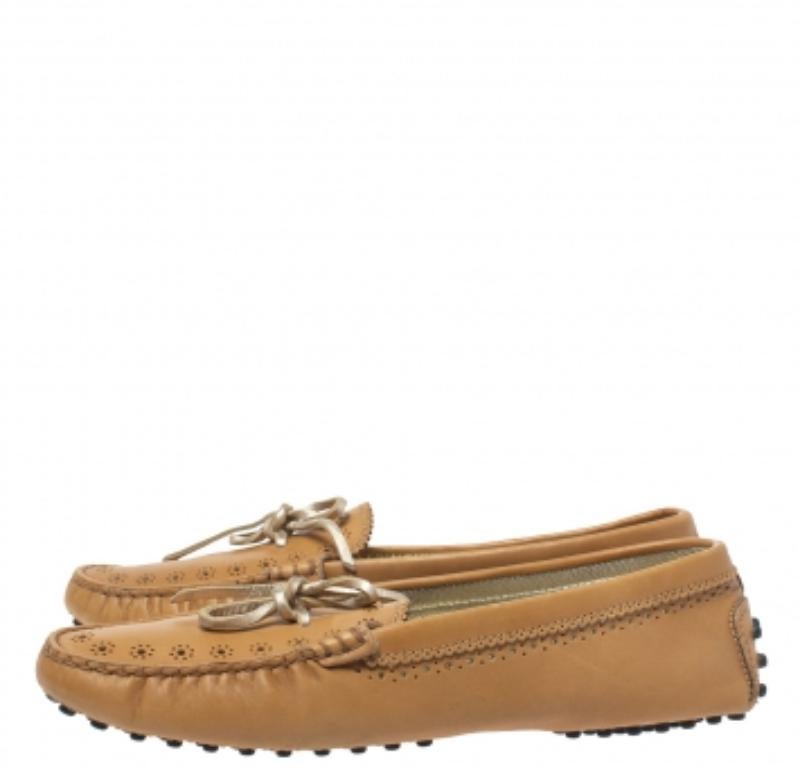Brown Tod's Tan Perforated Leather Bow Loafers Size 37.5 For Sale