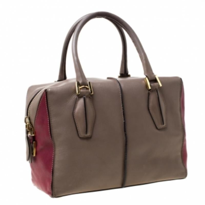 Tod's Taupe/Burgundy Pelle D & A Style Medium Tote in vendita 3