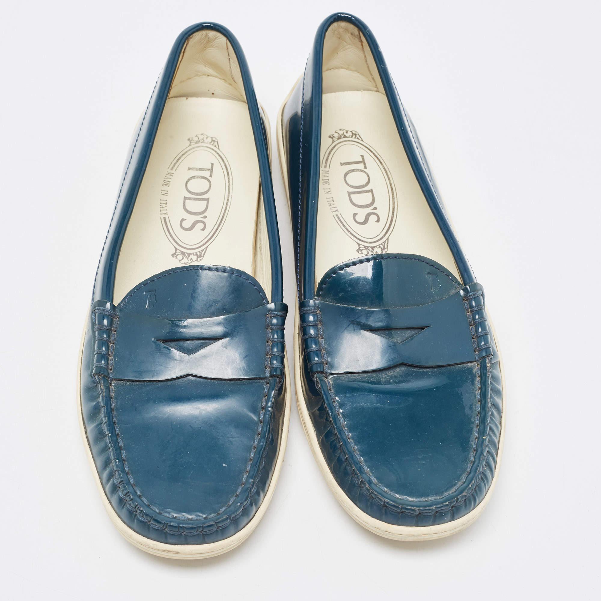 Blue Tod's Teal Patent Leather Penny Loafers Size 35 For Sale