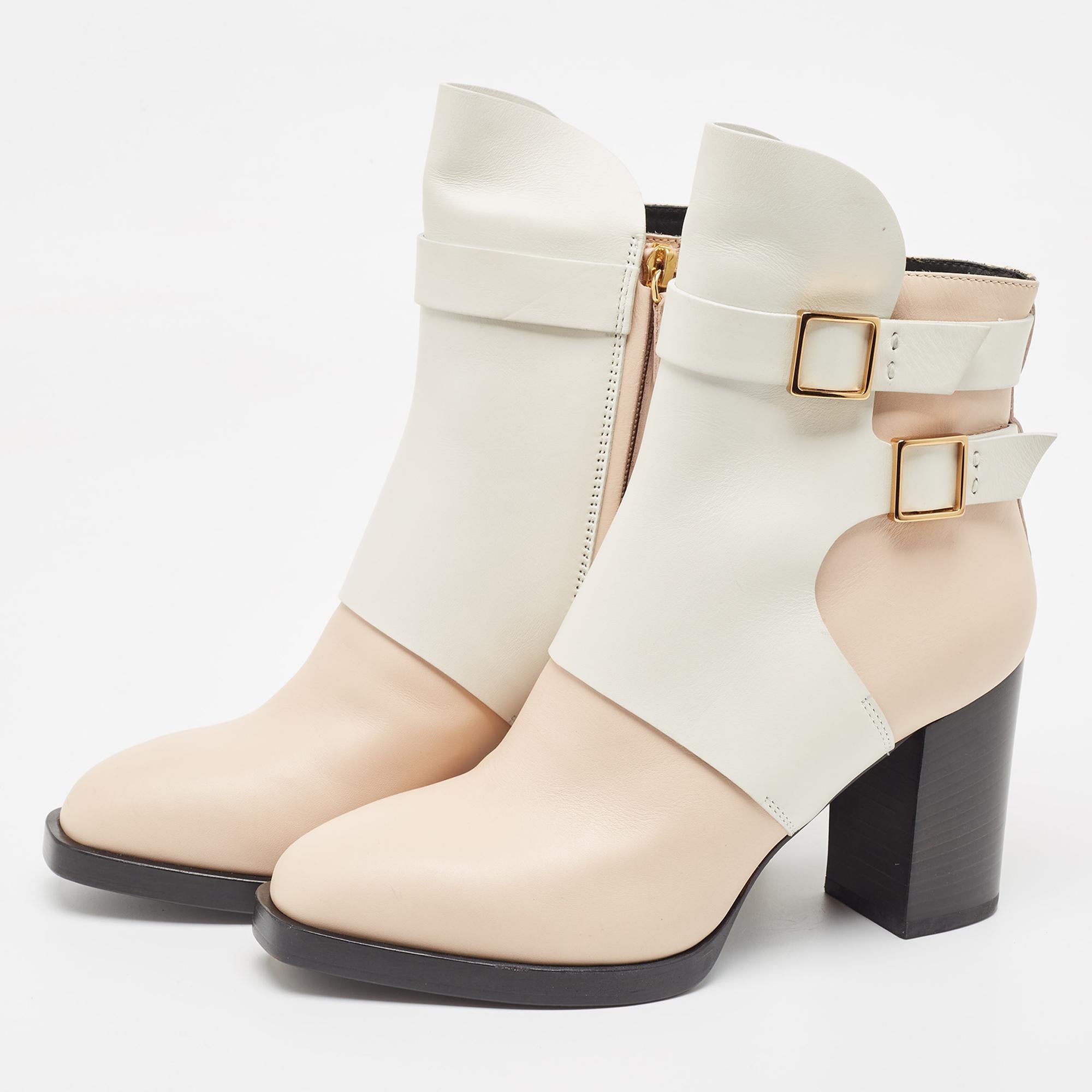 Tod's White/Beige Leather Buckle Detail Block Heel Ankle Boots Size 38.5 1