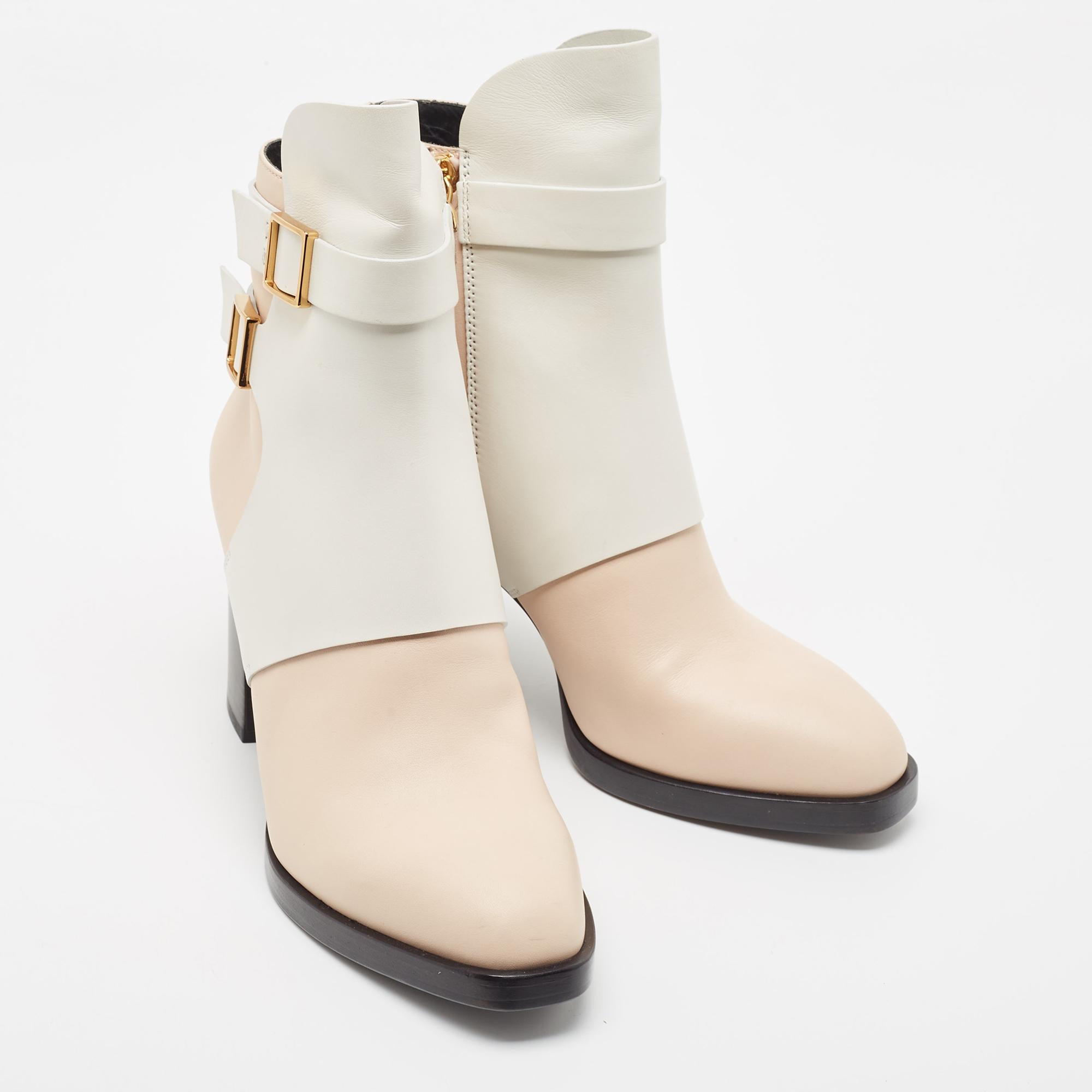 Tod's White/Beige Leather Buckle Detail Block Heel Ankle Boots Size 38.5 3