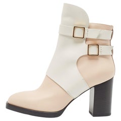 Tod's White/Beige Leather Buckle Detail Block Heel Ankle Boots Size 38.5