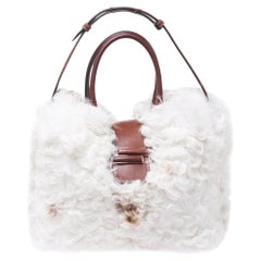 Tod's White/Brown Shearling and Leather Medium Double T Tote