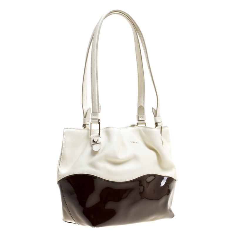 Beige Tod's White/Burgundy Leather and Patent Leather Small Flower Shopper Tote