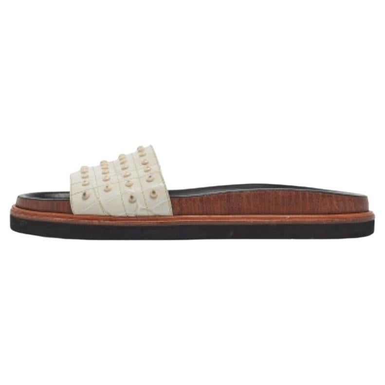 Tod's White Croc Embossed Leather Studded Flat Slides Size 37