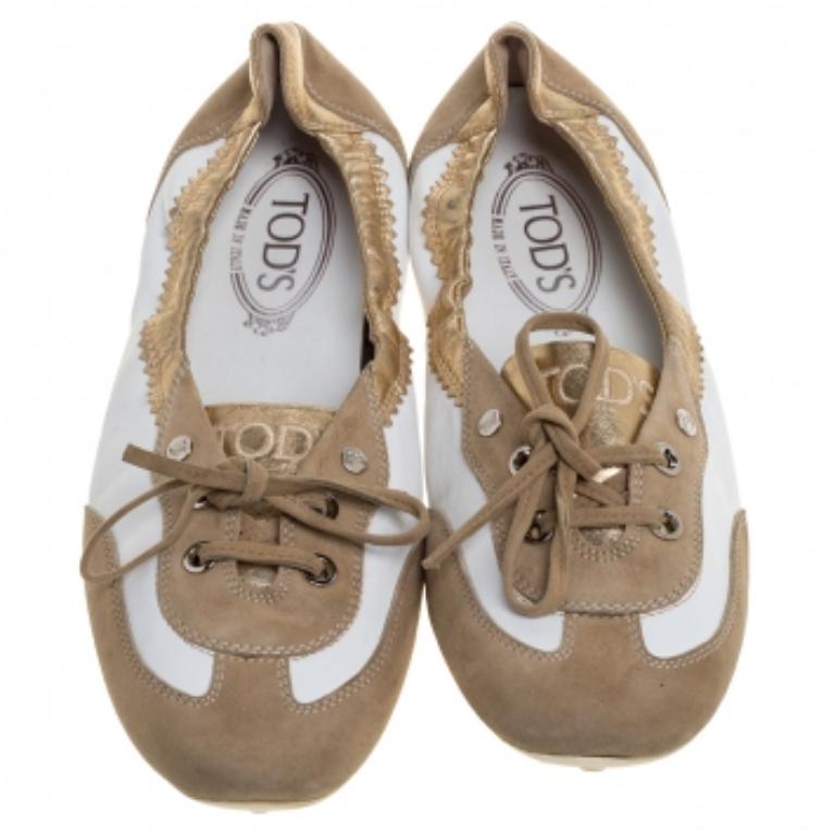 Beige Tod's White/Gold Leather and Suede Gomma Lace Slip On Sneakers Size 40 For Sale