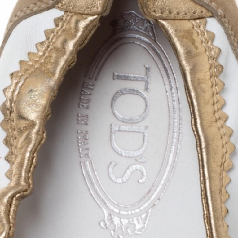Women's Tod's White/Gold Leather and Suede Gomma Lace Slip On Sneakers Size 40 For Sale