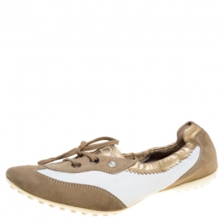 Tod's White/Gold Leather and Suede Gomma Lace Slip On Sneakers Size 40 For Sale 2