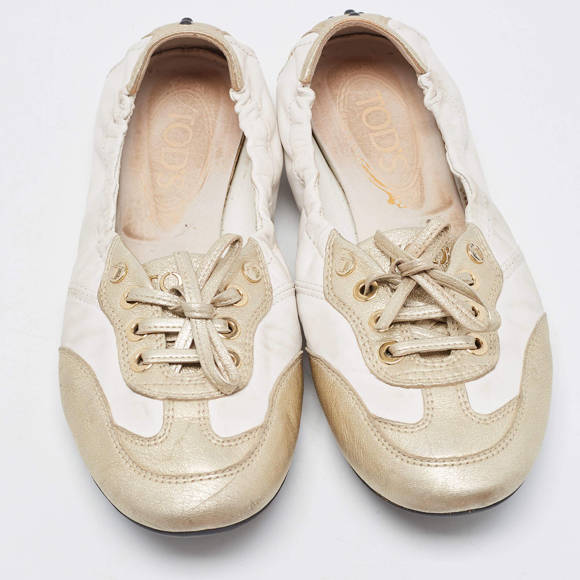 Beige Tod's White/Gold Leather Gomma Lace Up Loafers Size 36 For Sale