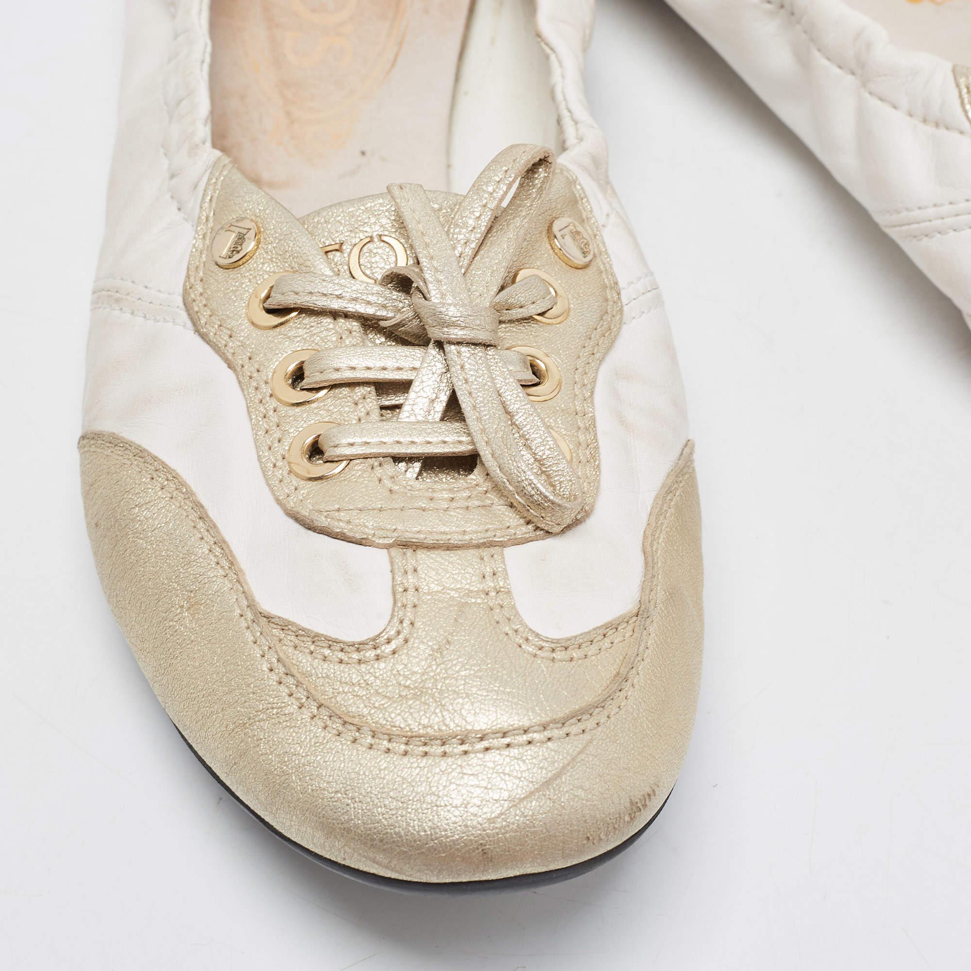 Tod's White/Gold Leather Gomma Lace Up Loafers Size 36 For Sale 2