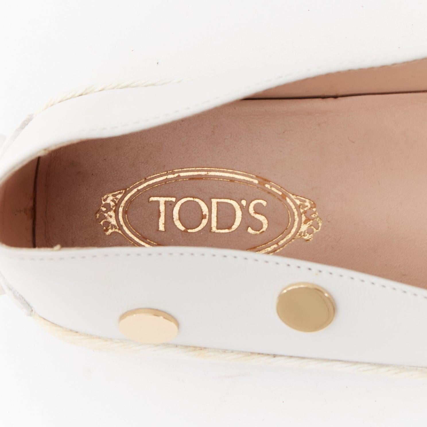 TOD'S mocassins en cuir espadrille à pois, blanc, or et miroir EU36 en vente 4