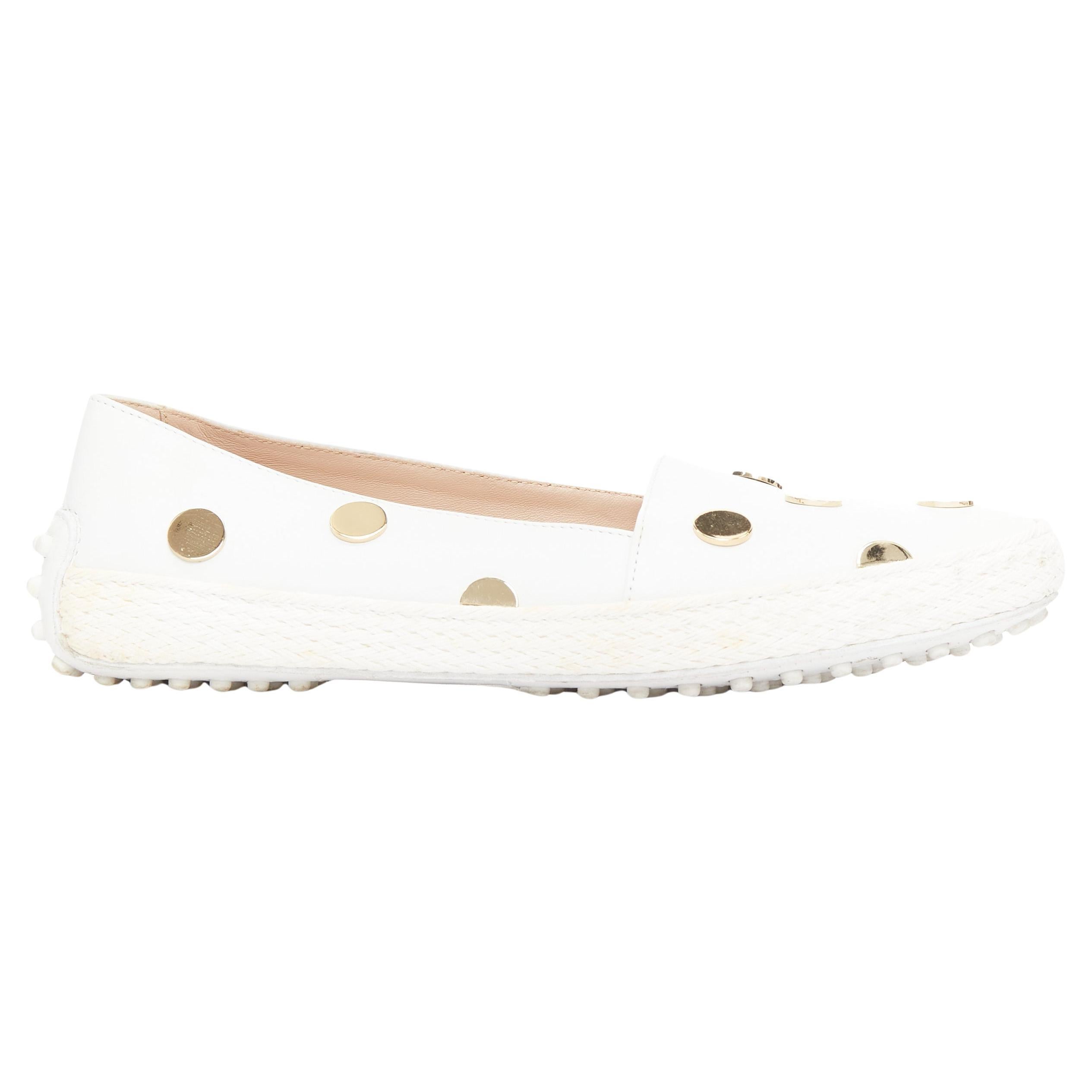 TOD'S mocassins en cuir espadrille à pois, blanc, or et miroir EU36 en vente