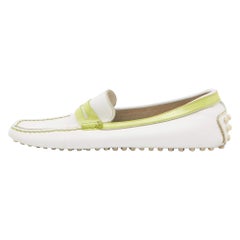 Tod's White/Green Leather and PVC Penny Loafers Size 36