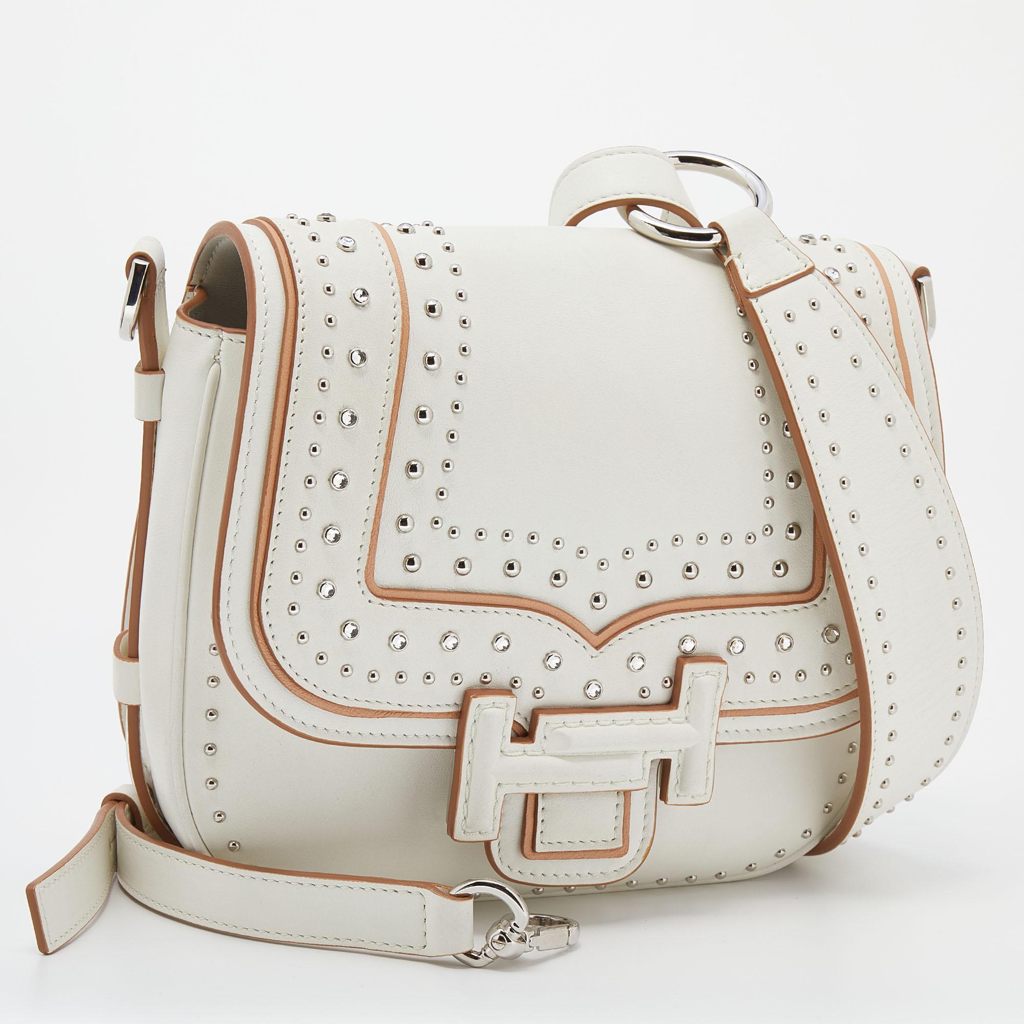 Women's Tod's White Leather Studded Double T Saddle Bag