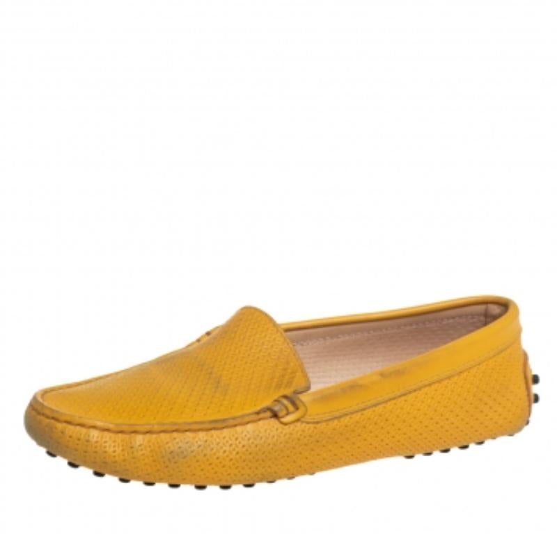 Tod's Yellow Perforated Leather Slip On Loafers Size 36.5 For Sale 2