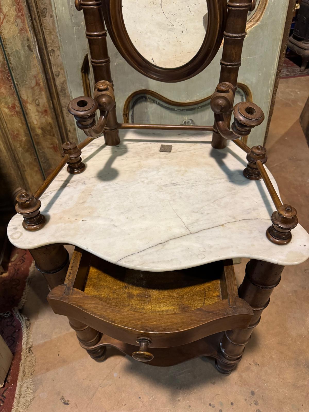 19th Century Walnut wood dressing table with small drawer, marble top and flip-up mirror For Sale