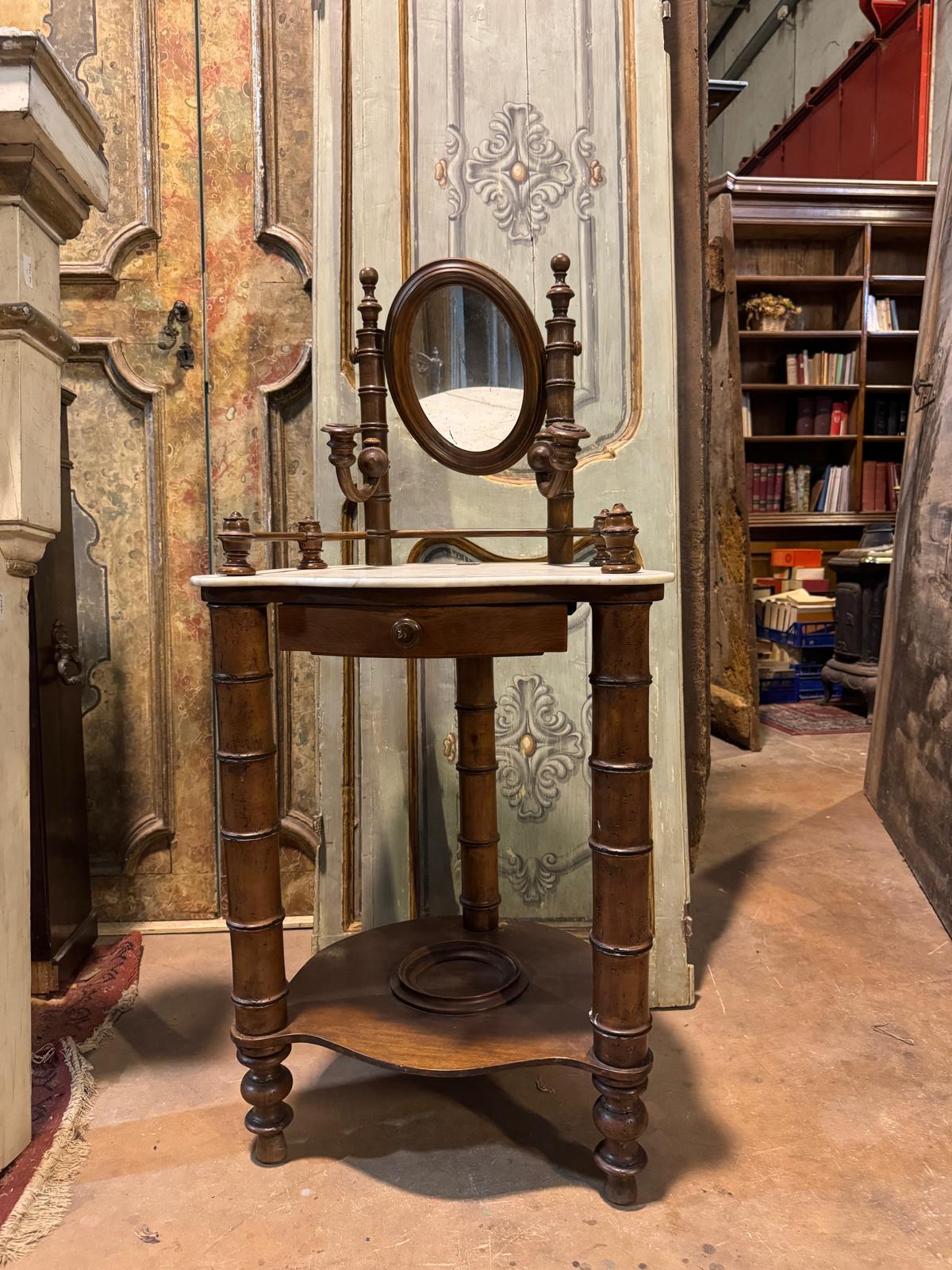 Walnut wood dressing table with small drawer, marble top and flip-up mirror For Sale 1
