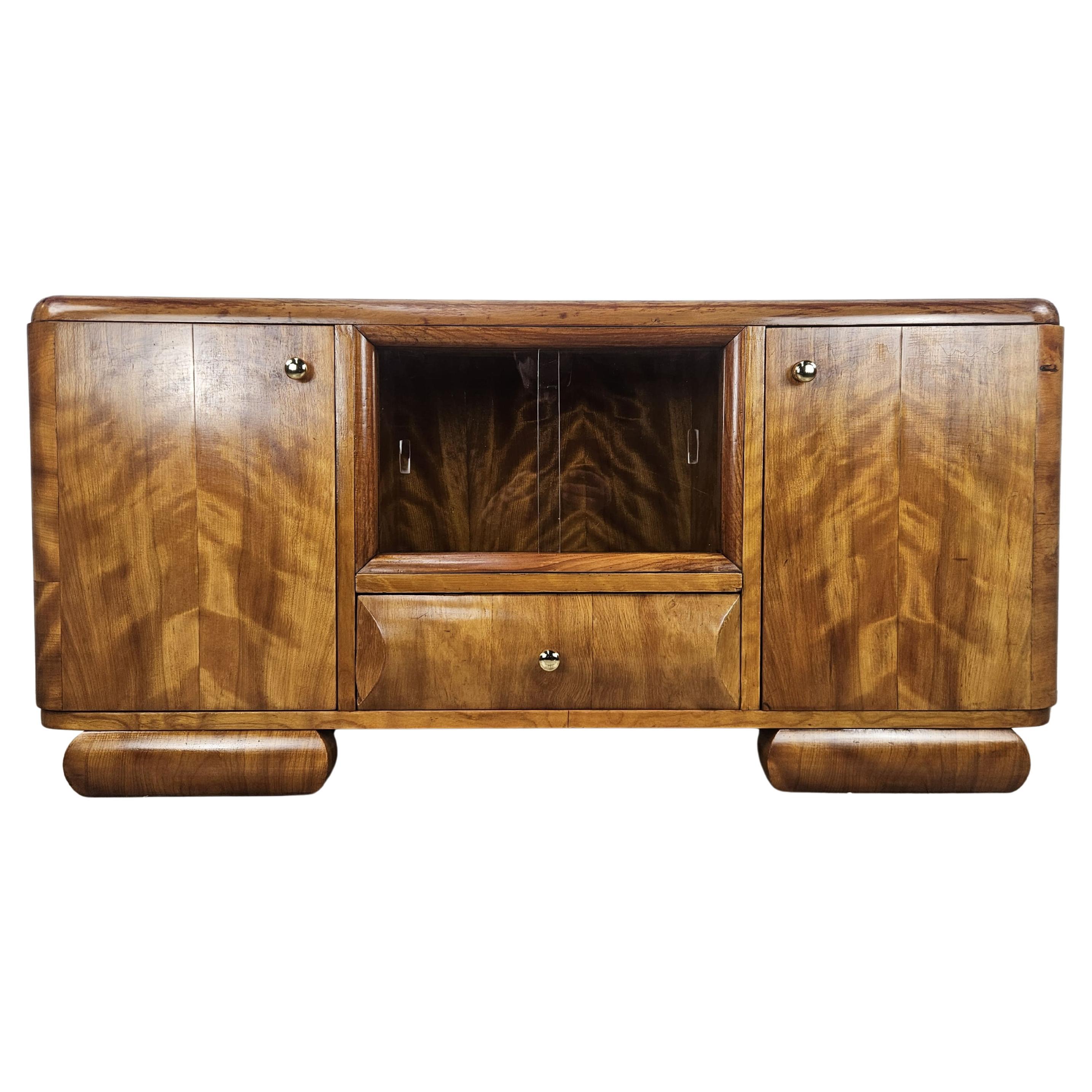 Art Deco 1940s blond walnut dressing table with sliding glass panes