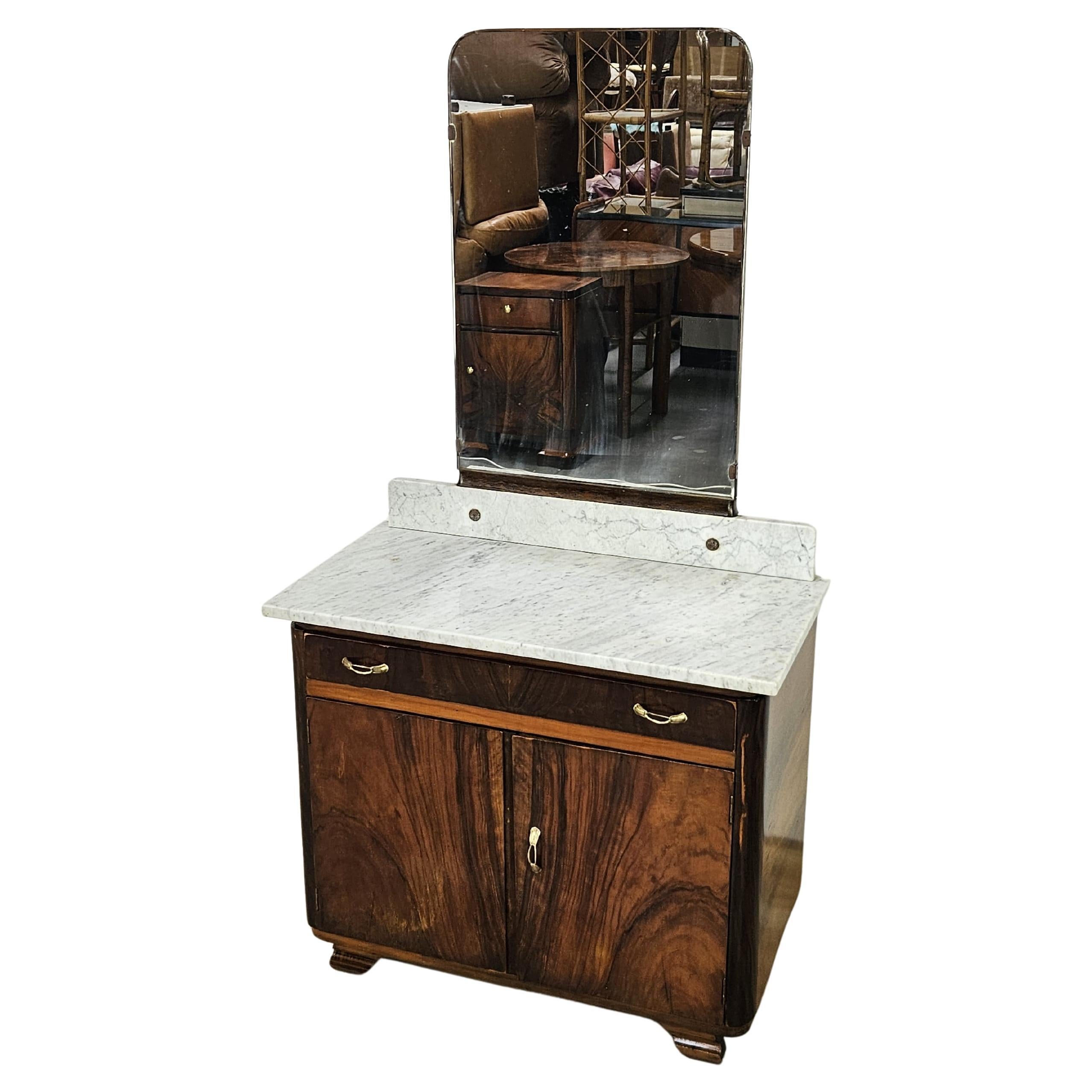 Art Deco dressing table with white marble and 1940s mirror For Sale