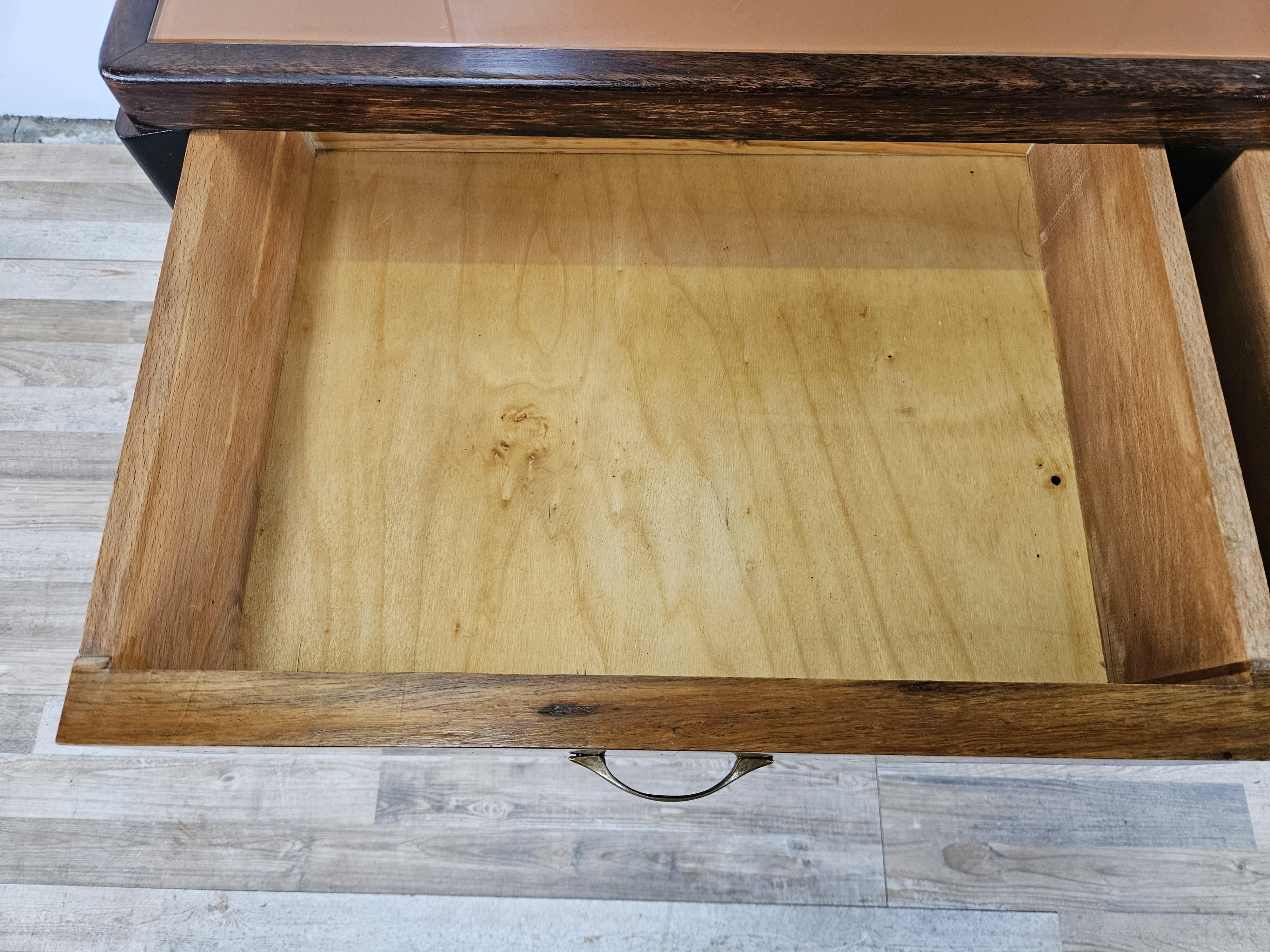 Coiffeuse Art Déco en bois de bruyère avec grand miroir et verre rose des années 1930 en vente 4