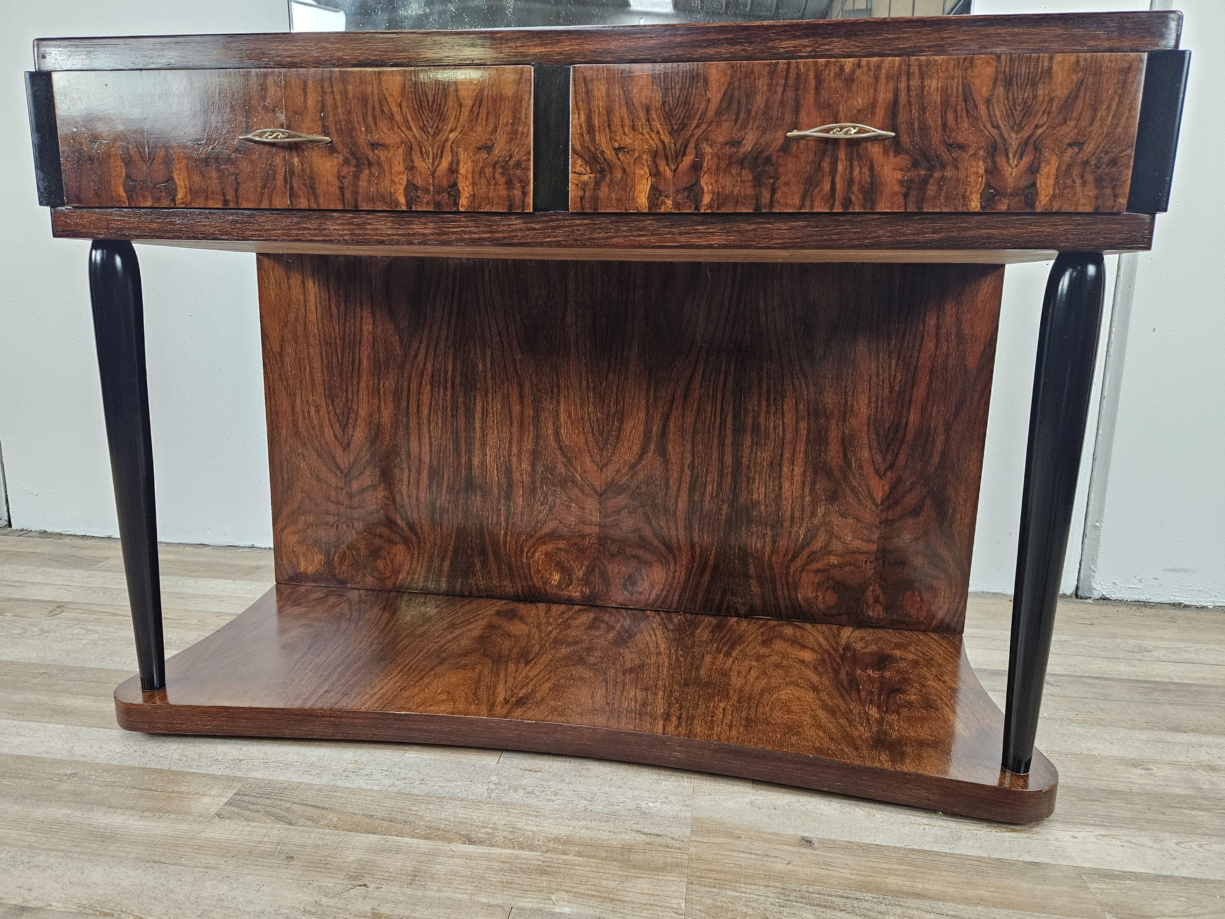 Coiffeuse Art Déco en bois de bruyère avec grand miroir et verre rose des années 1930 en vente 8
