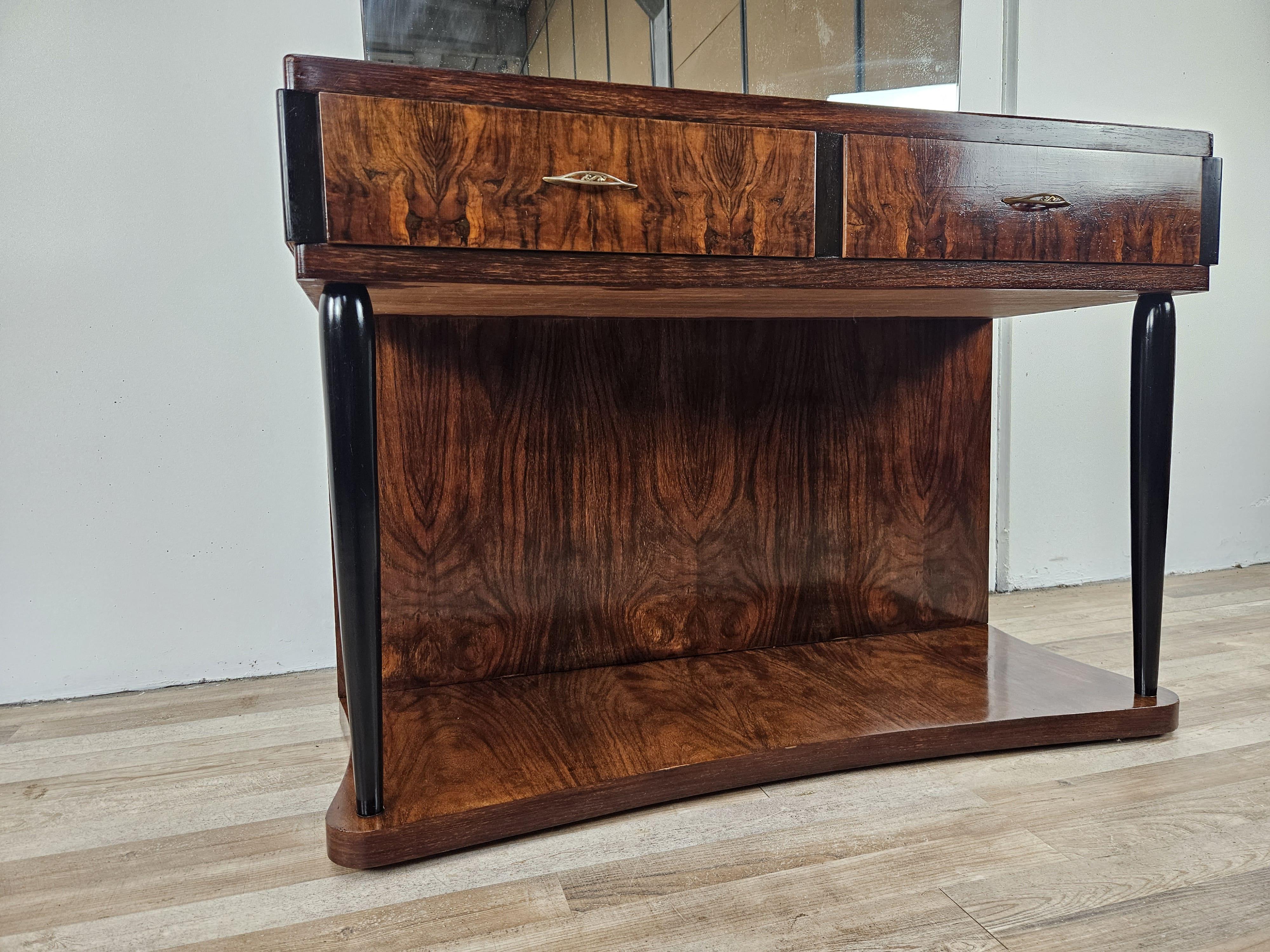 Coiffeuse Art Déco en bois de bruyère avec grand miroir et verre rose des années 1930 en vente 9