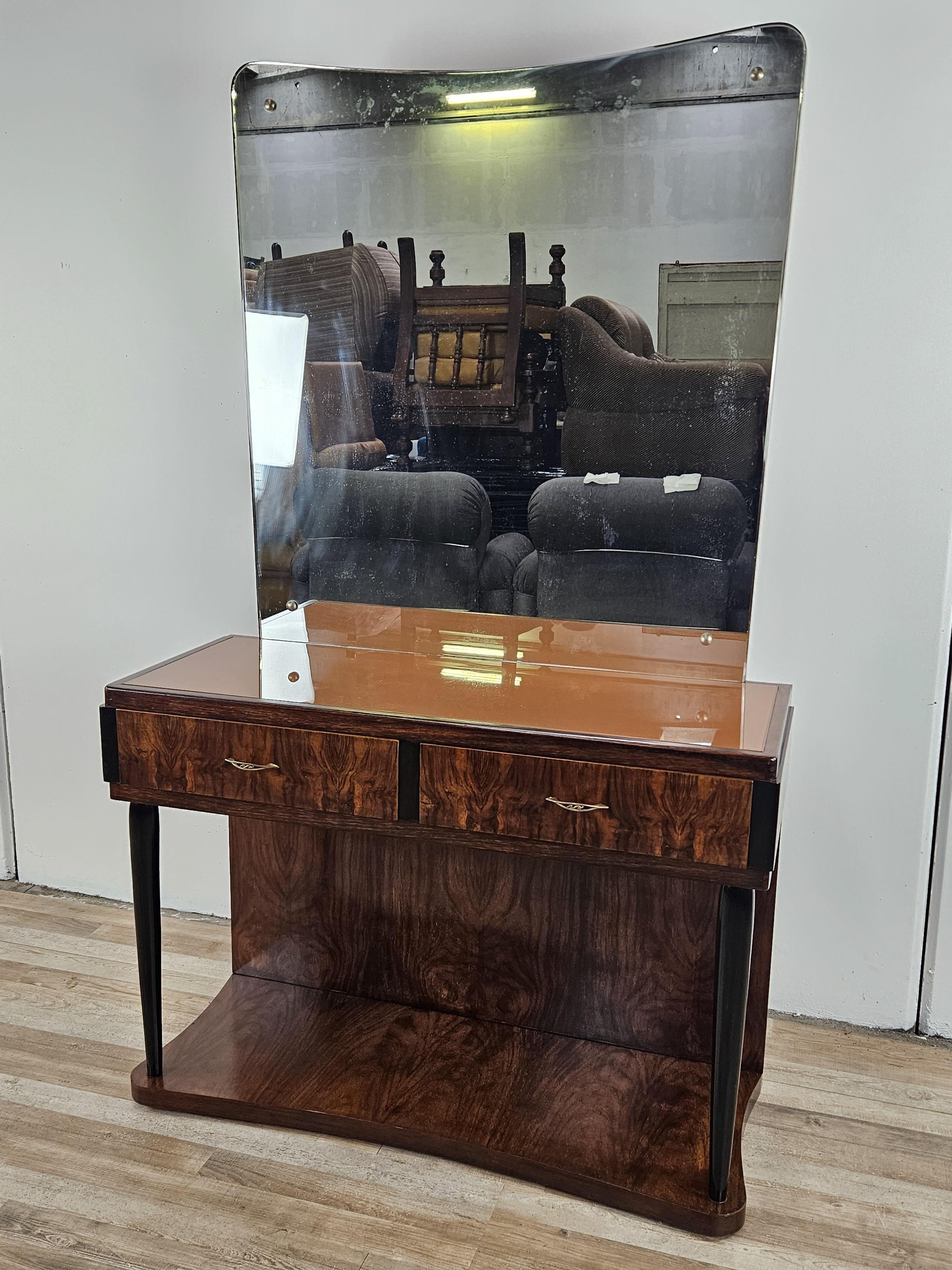 Art déco Coiffeuse Art Déco en bois de bruyère avec grand miroir et verre rose des années 1930 en vente
