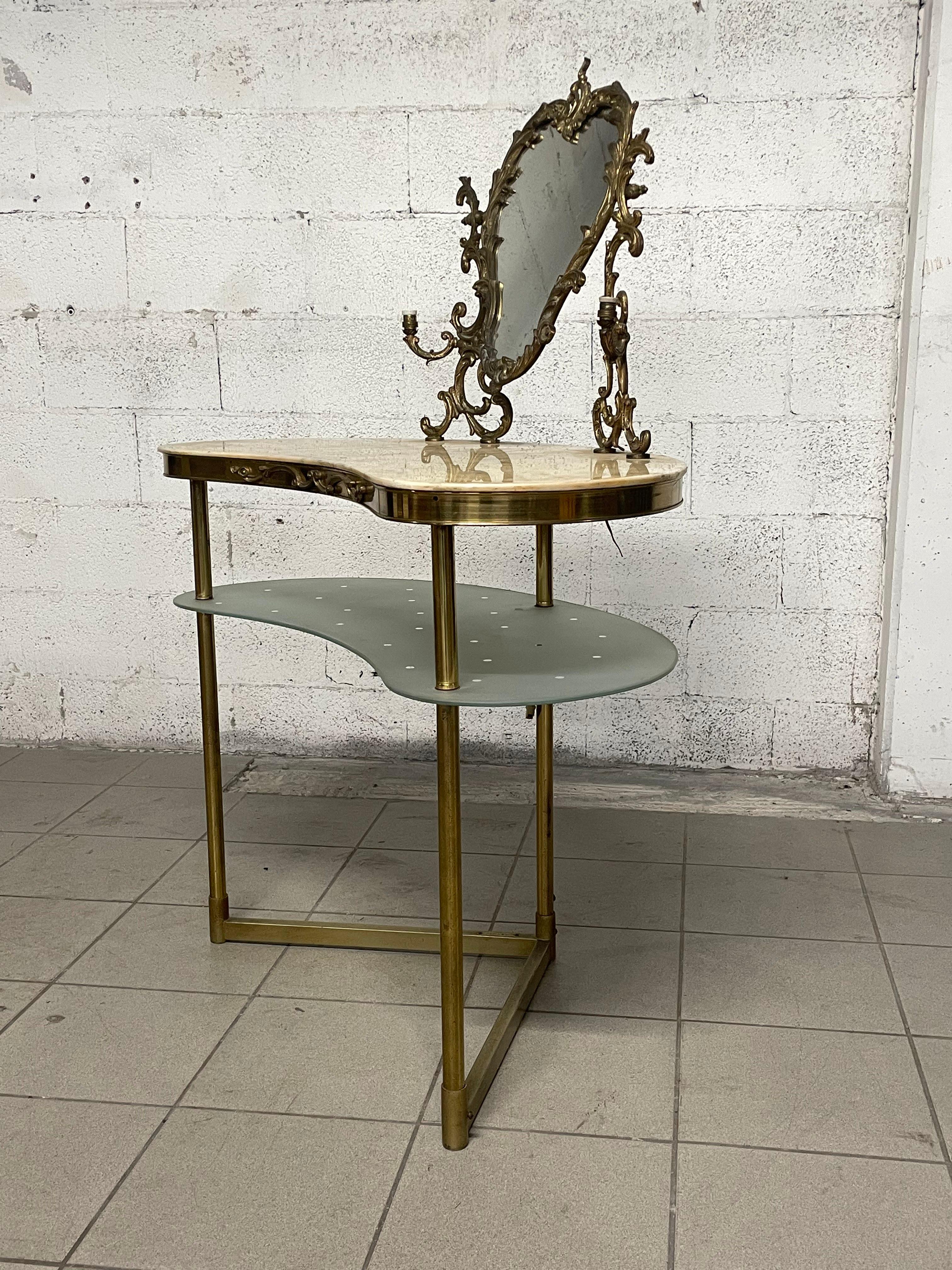 1940s - 1950s makeup dressing table made of brass and marble For Sale 6