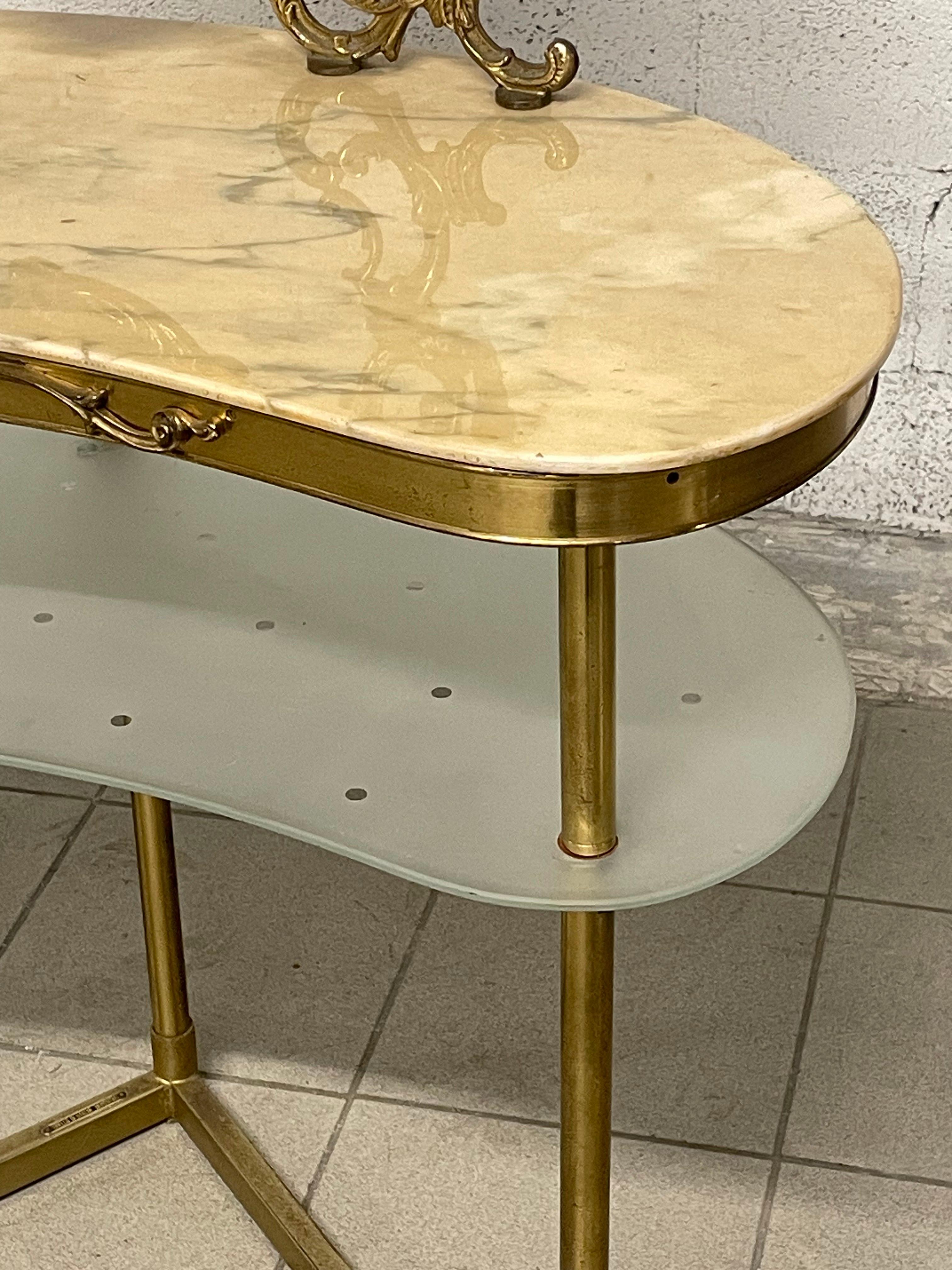 Brass 1940s - 1950s makeup dressing table made of brass and marble For Sale