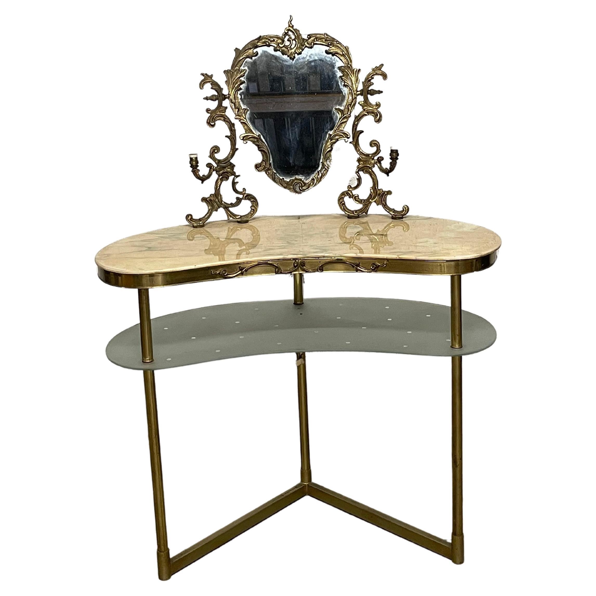 1940s - 1950s makeup dressing table made of brass and marble For Sale