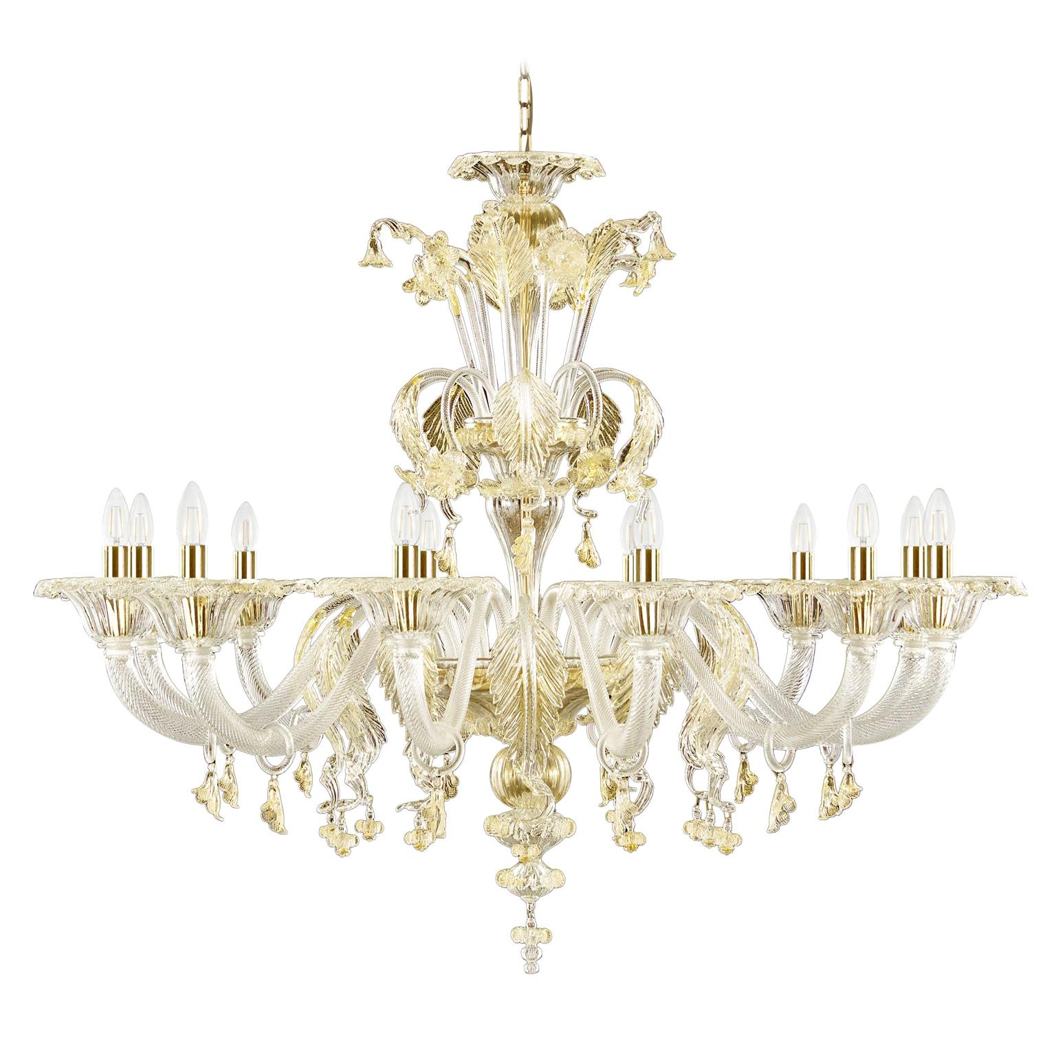 Artistic Murano Chandelier, 12 arms, clear Glass, Gold Details by Multiforme For Sale