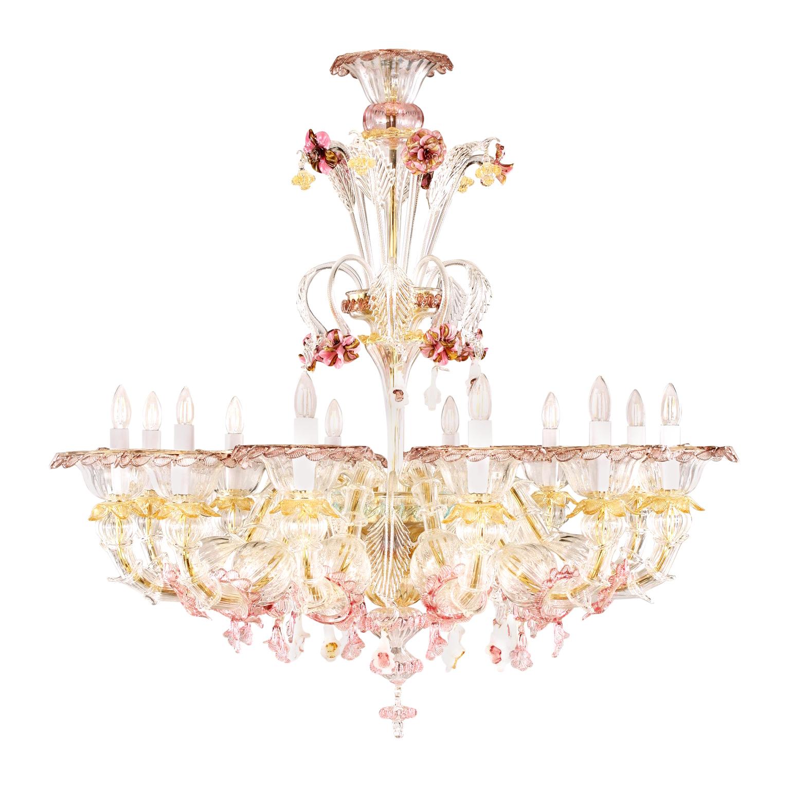 Semi Rezzonico Chandelier 12arms Crystal Glass multicolour Details by Multiforme For Sale