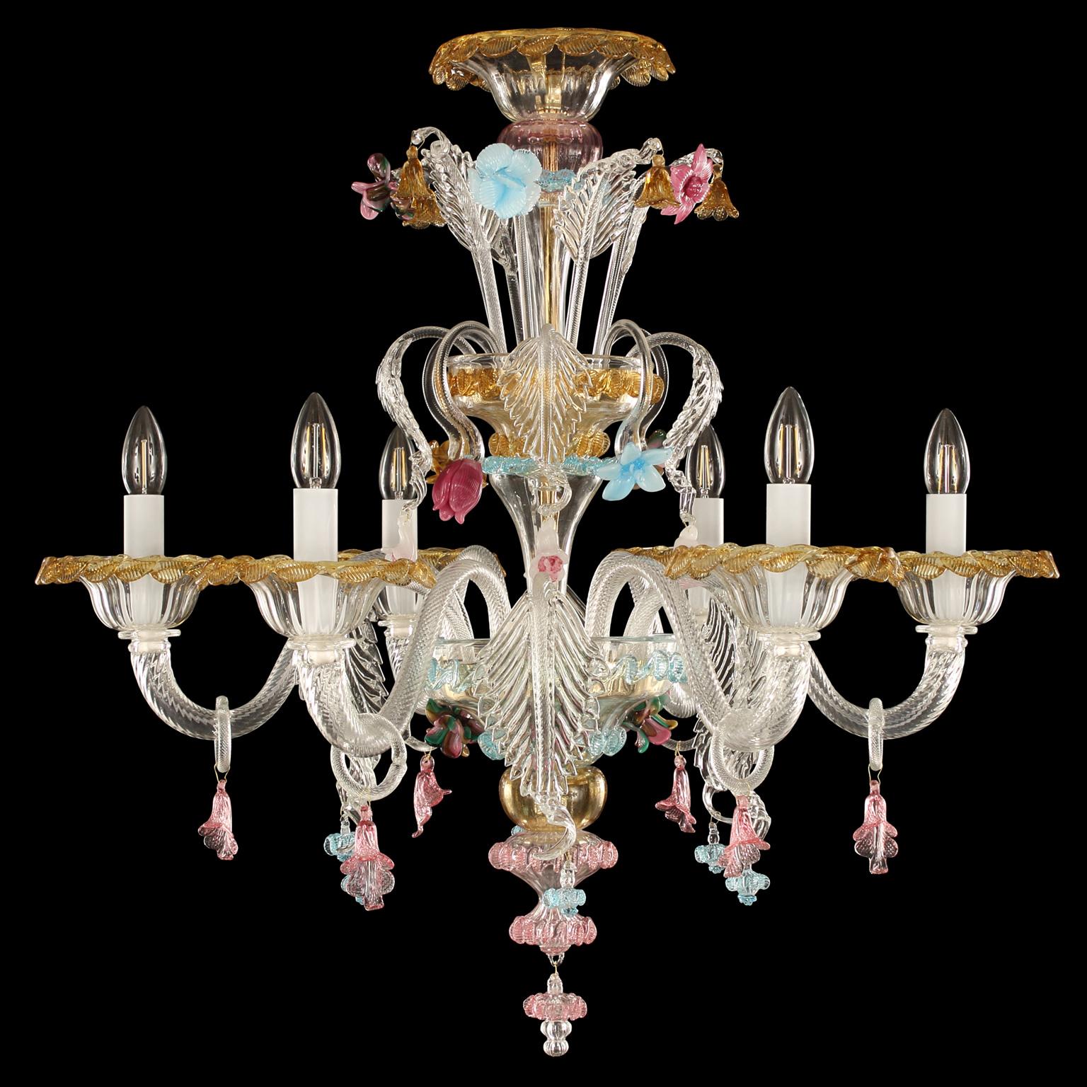 Toffee chandelier 6 arms, crystal Murano glass, multicolour details by Multiforme.
The artistic glass chandelier toffee is an elegant and delicate lighting work, colored with pastel tones. The structure is a combination of well proportioned volumes