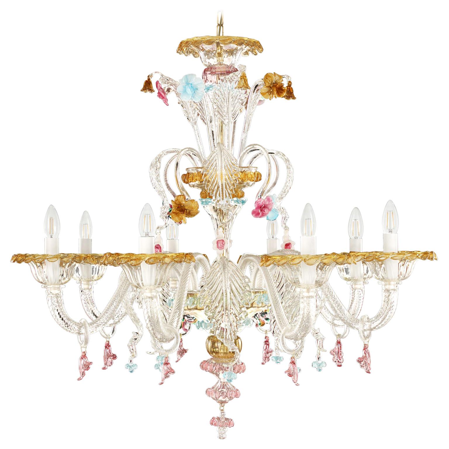 Artistic Chandelier, 8 arms, clear multicolour Glass by Multiforme For Sale