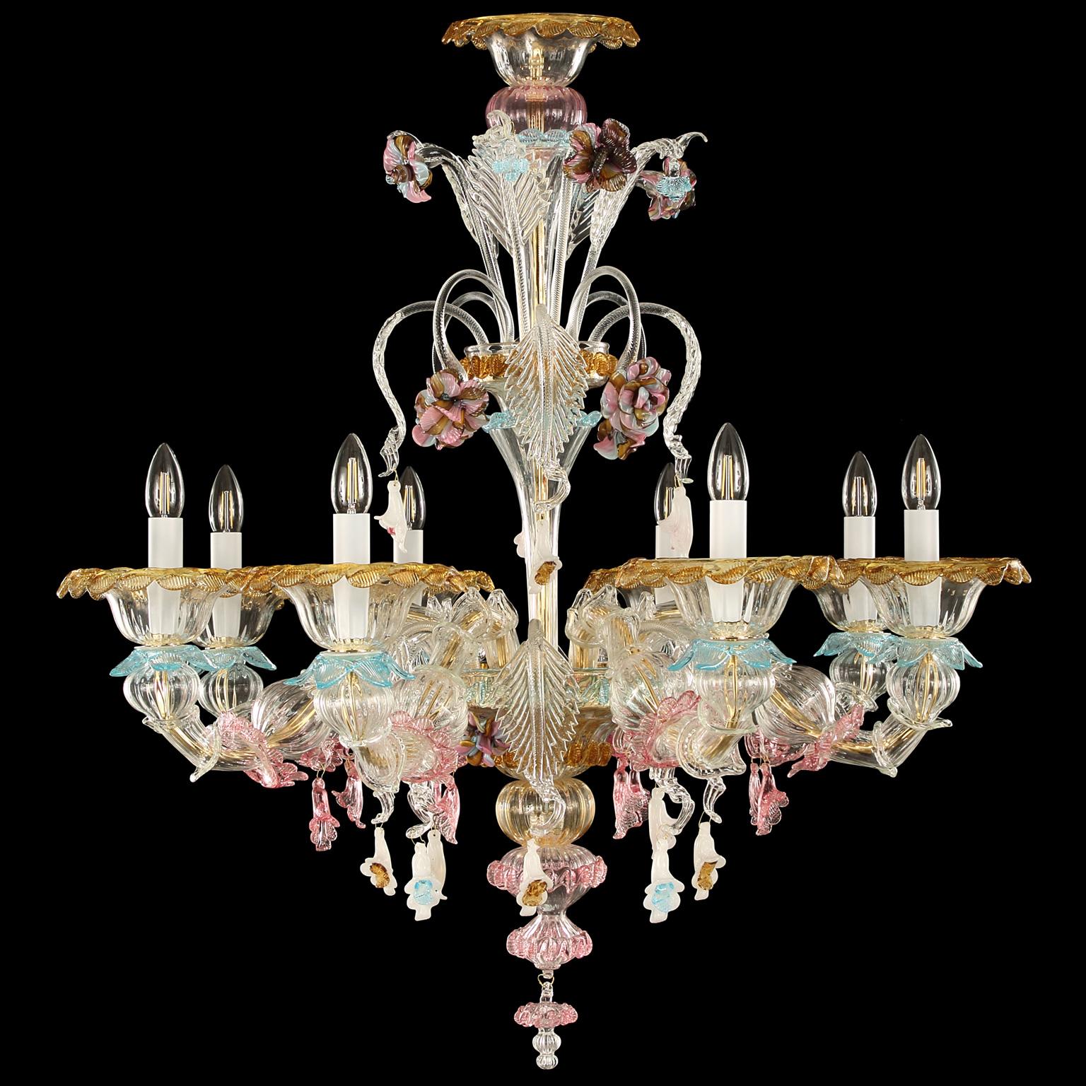 Toffee chandelier 8 arms, semi-rezzonico style, clear crystal Murano glass, multicolour details by Multiforme.

The artistic glass chandelier toffee is an elegant and delicate lighting work, colored with pastel tones. The structure is a combination