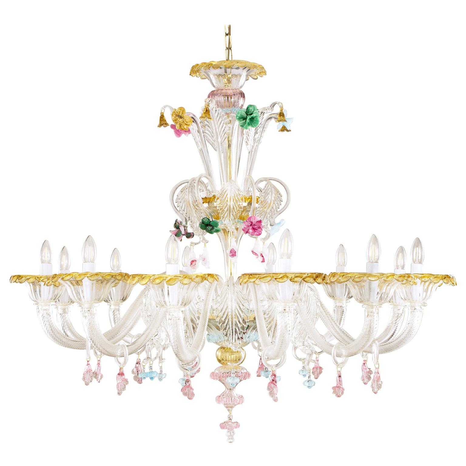 Lampadario artistico a 12 bracci in vetro di Murano, dettagli multicolore di Multiforme
