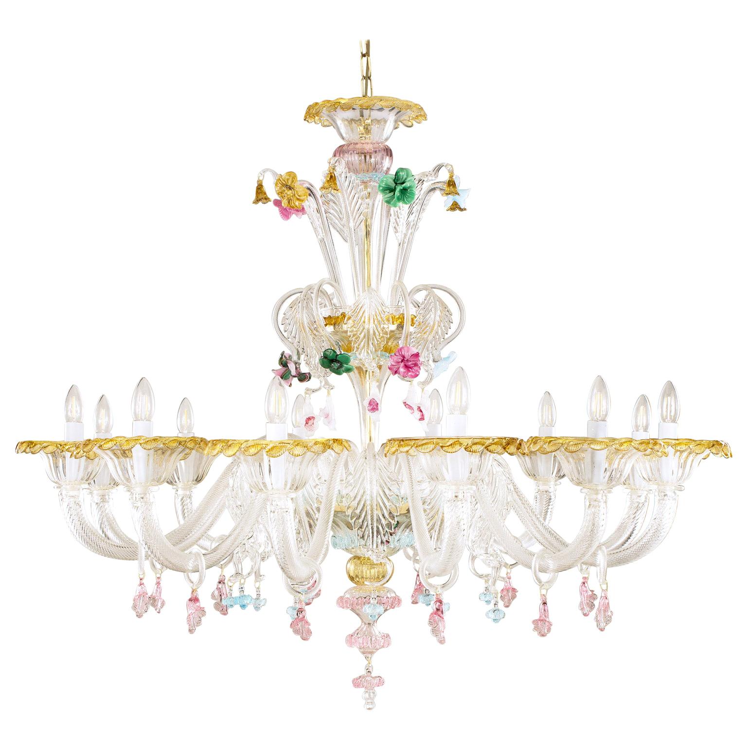 Artistic Chandelier 12 arms in Murano Glass, multicolour details by Multiforme