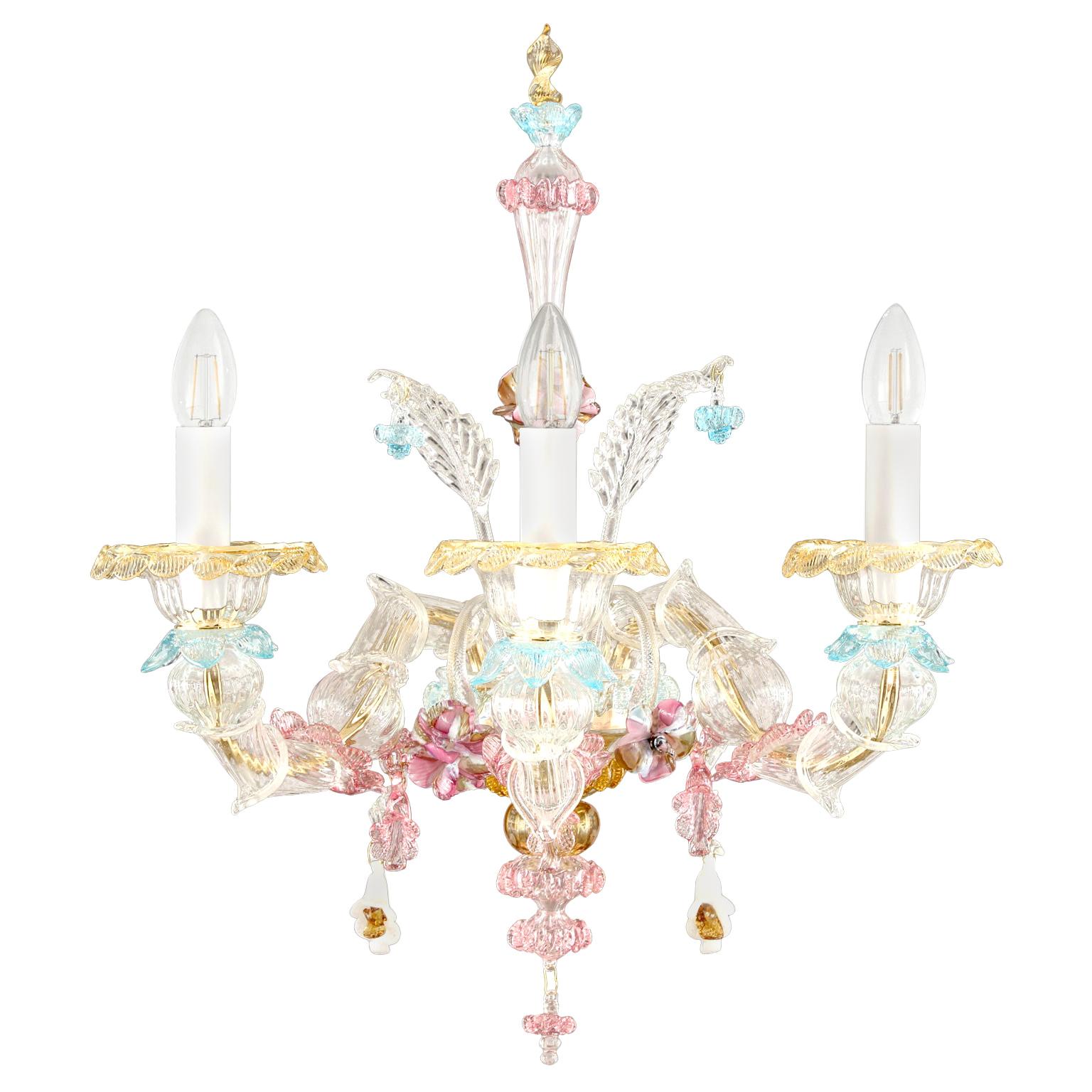 Rezzonico Wall, 3 arms, Crystal Murano Glass, multicolour Details by Multiforme For Sale