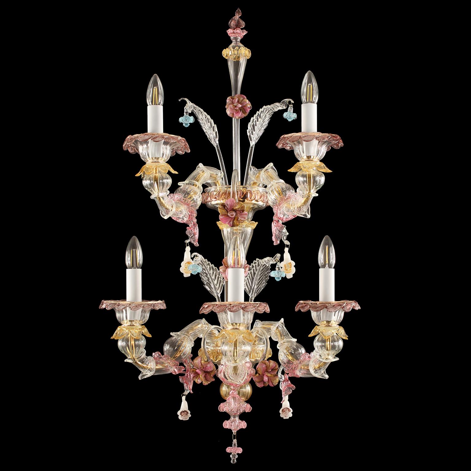 Toffee wall, 3+2 lights, double tier, rezzonico style crystal Murano glass, polychrome details by Multiforme

The Toffee collection is elegant and delicate thanks to the coloured details with pastel tones. The structure is a combination of
