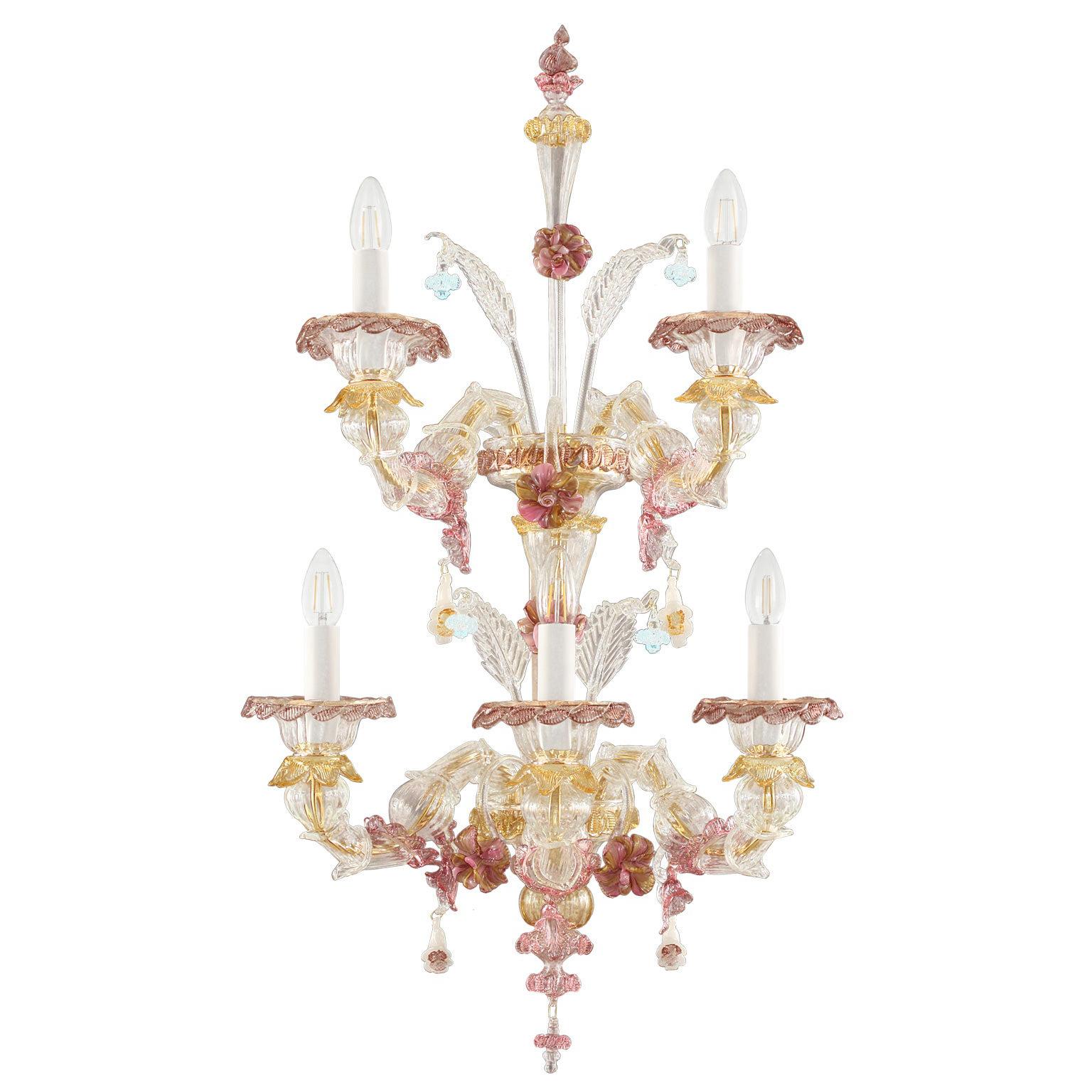 Rezzonico Wall lamp 3+2 arms Double Tier Crystal Murano Glass by Multiforme For Sale